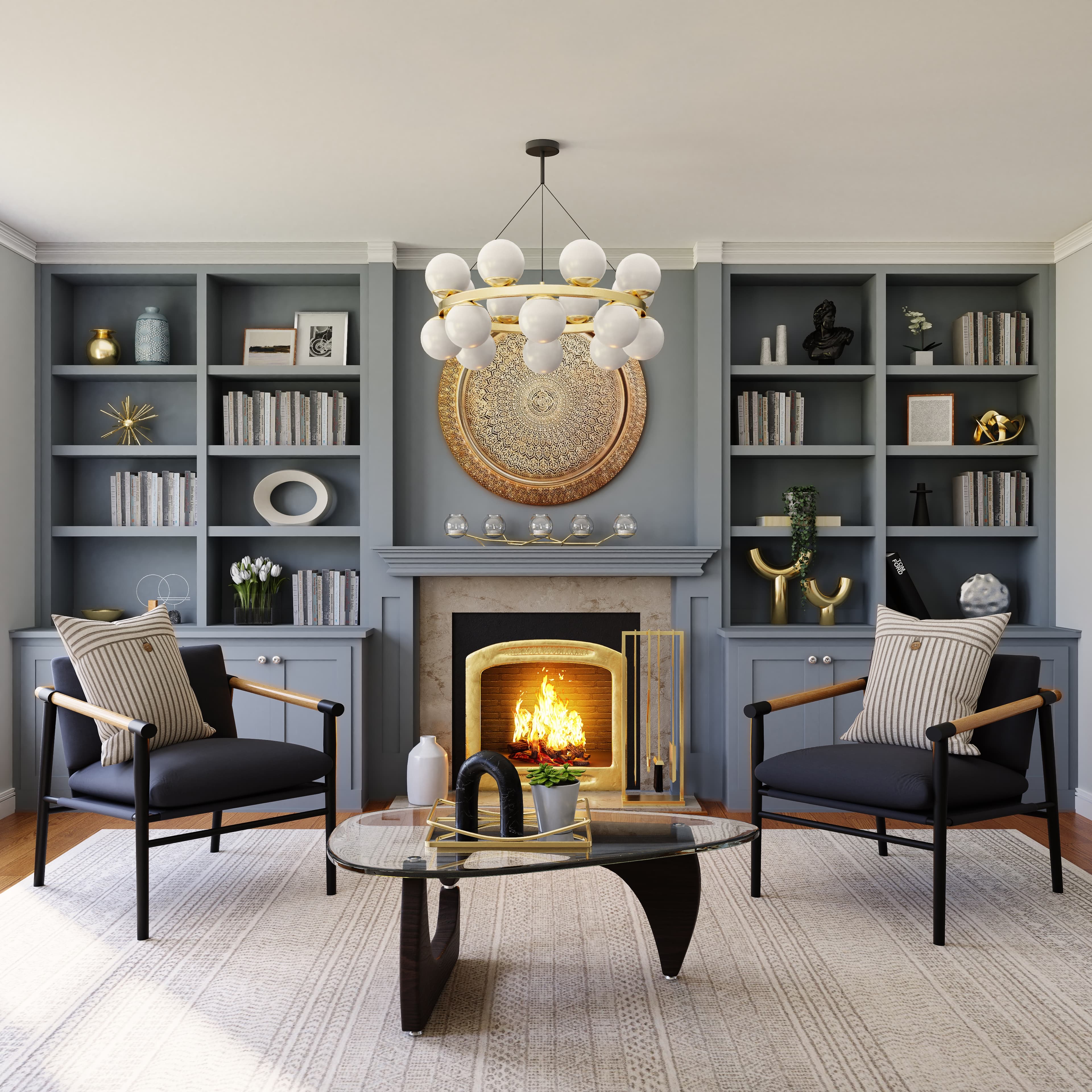 A beautifully decorated room with a gray theme, cabinets covering the wall and a fireplace in the center of the room.