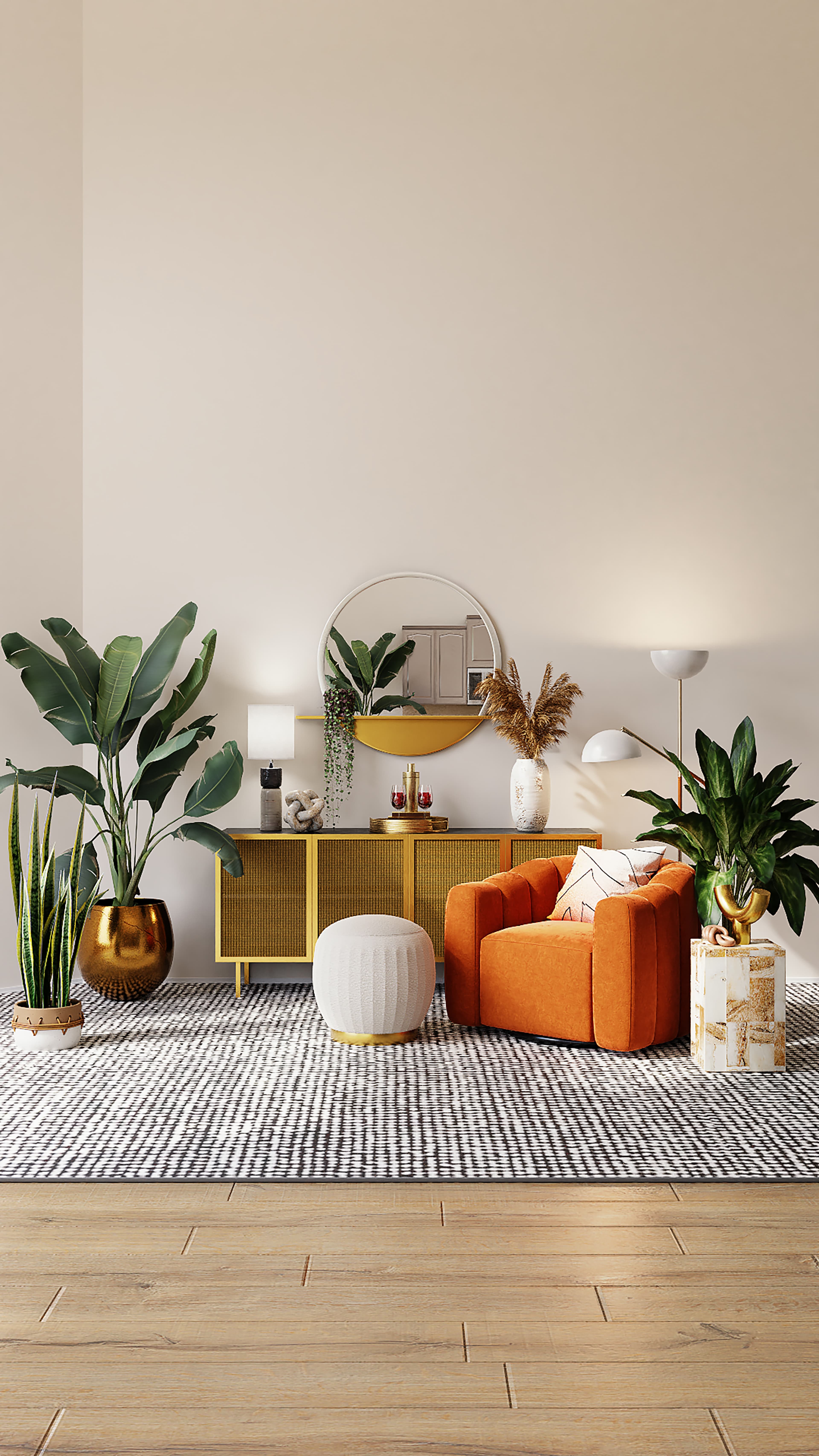 A beautifully decorated room with an orange single seat armchair positioned to the right with exotic houseplants surrounding it, there is a chest of drawers and a circular mirror positioned in the centre of the wall.