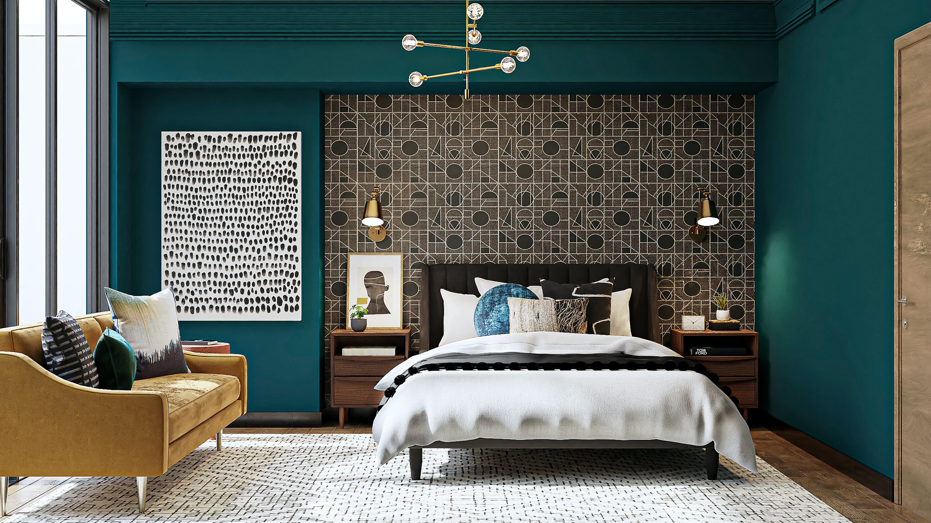 Intricate art-deco style wallpaper with a blue background with birds and plants positioned in a symmetrical repeating pattern.